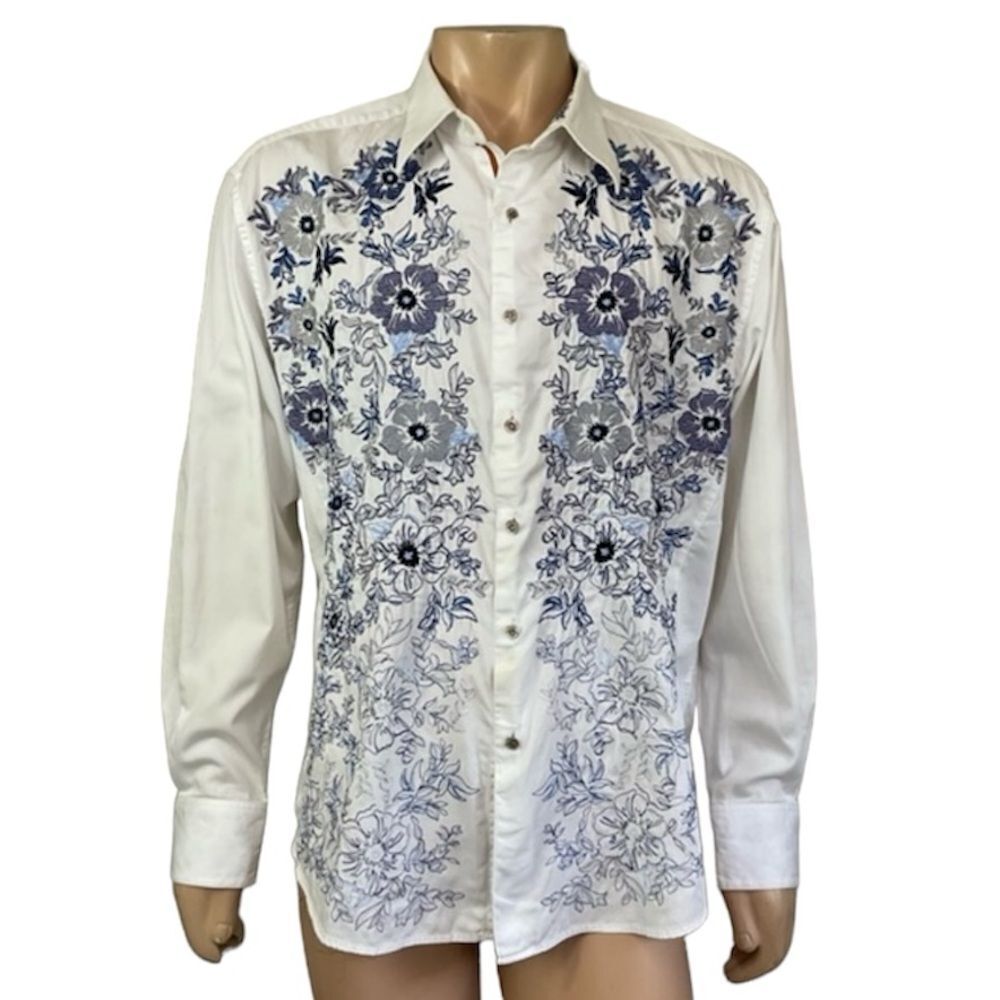 Robert Graham White Blue Floral Cotton Button Up Long Sleeve Shirt Size 2XL